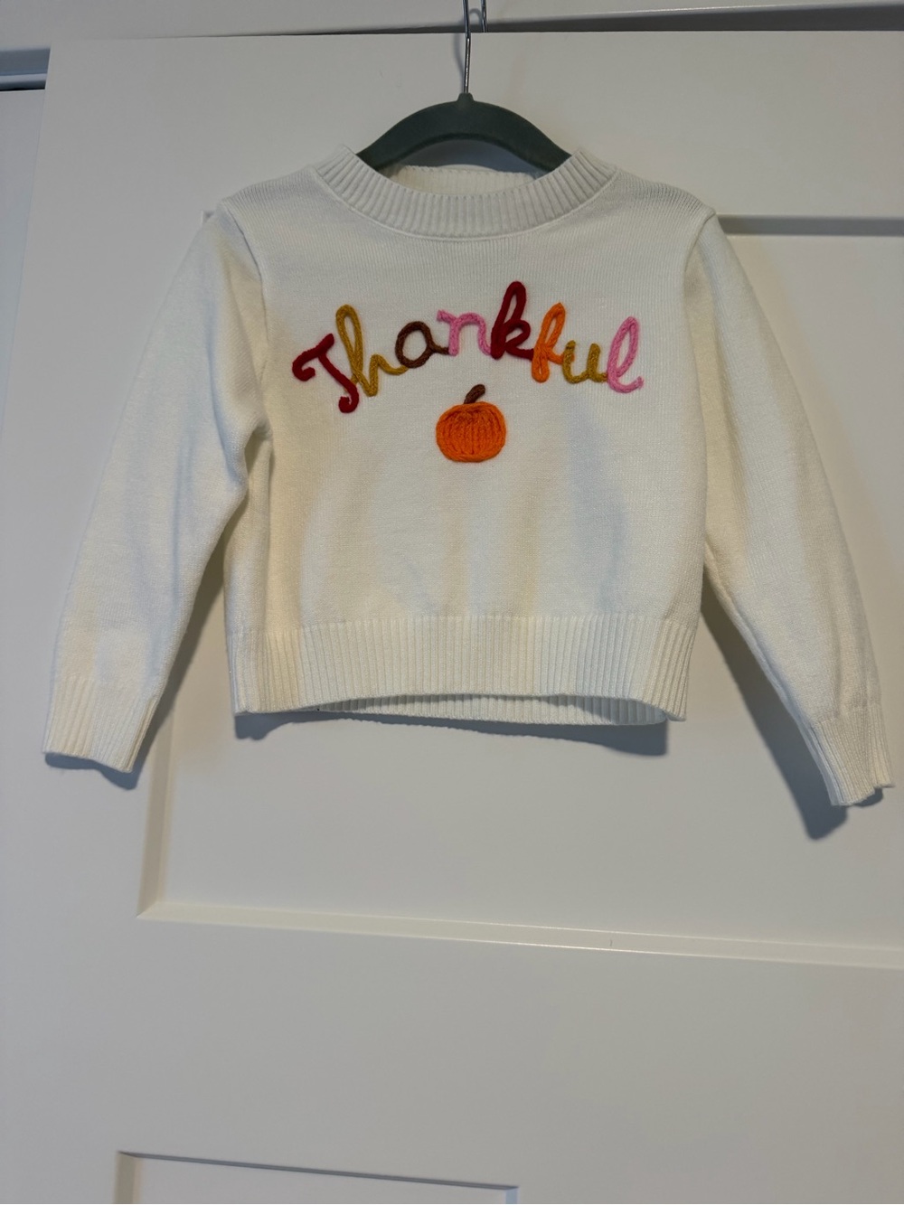 Rare Editions White 'Thankful' Embroidered Sweater with Multicolor Script